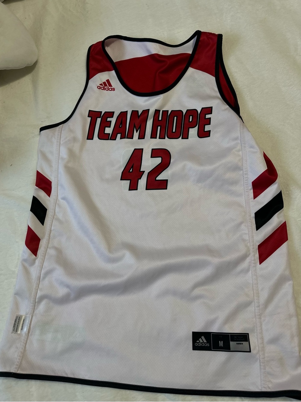 adidas White Basketball Jersey with Black & Red Accents
